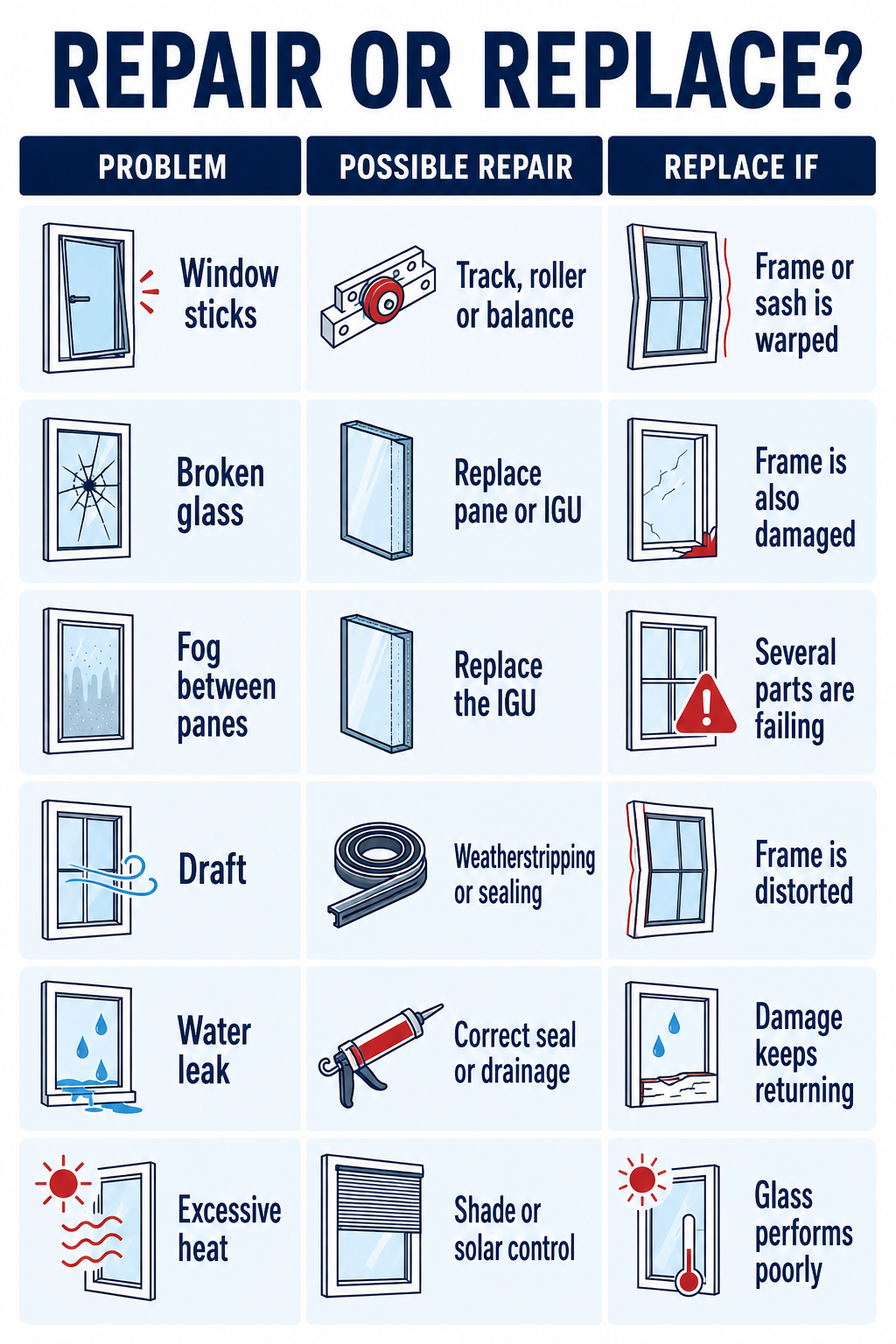 Guide comparing common window problems with repair and replacement options